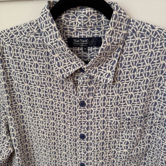 Nat Nast Basketweave Print Silk Blend Button Up Shirt Blue Ivory Short Sleeve M - Picture 2 of 9